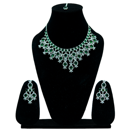 Royal Green Stone Necklace and Earring Set with Intricate Design